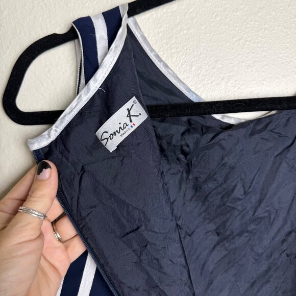 VTG Sonia K Navy & White Sleeveless Dress w/ Pleated Hem Button Front Sz M - Picture 6 of 10